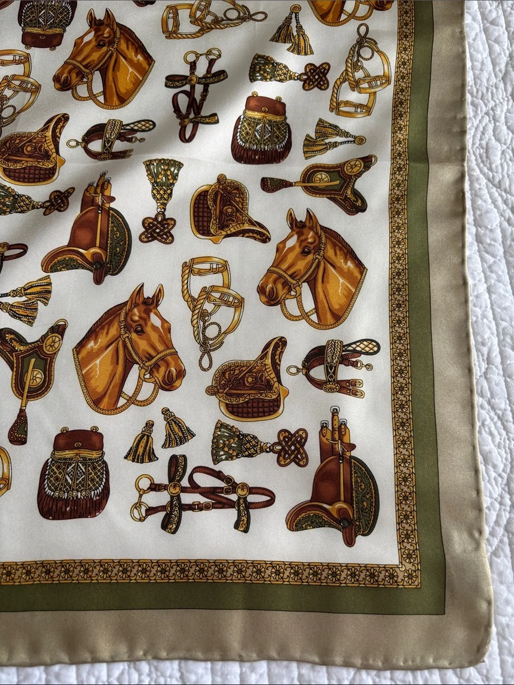 Unbranded Equestrian Motif Print Silk Scarf Ivory Gold & Olive Handmade